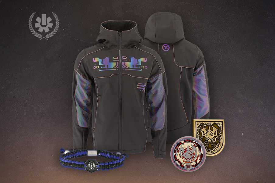 A jacket and bracelets with a black backgroundDescription automatically generated