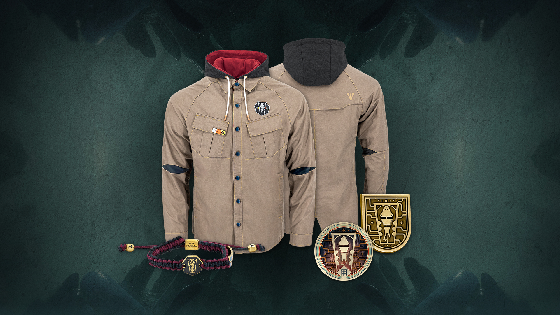 A jacket and badges on a green backgroundDescription automatically generated with medium confidence