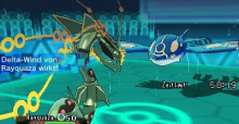 In Pokémon Omega Rubin und Pokémon Alpha Saphir kann Rayquaza eine Mega-Entwicklung durchführen